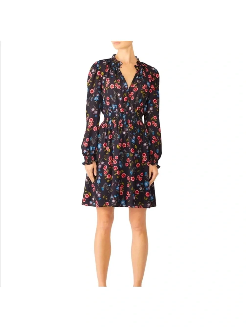 kate spade Black Floral Long-Sleeve Ruffle Neck Dress with Pink & Blue Blooms